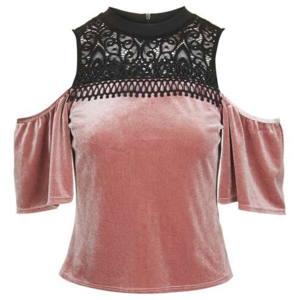 TOPSHOP Cold Shoulder Velvet Pink and Black Blouse